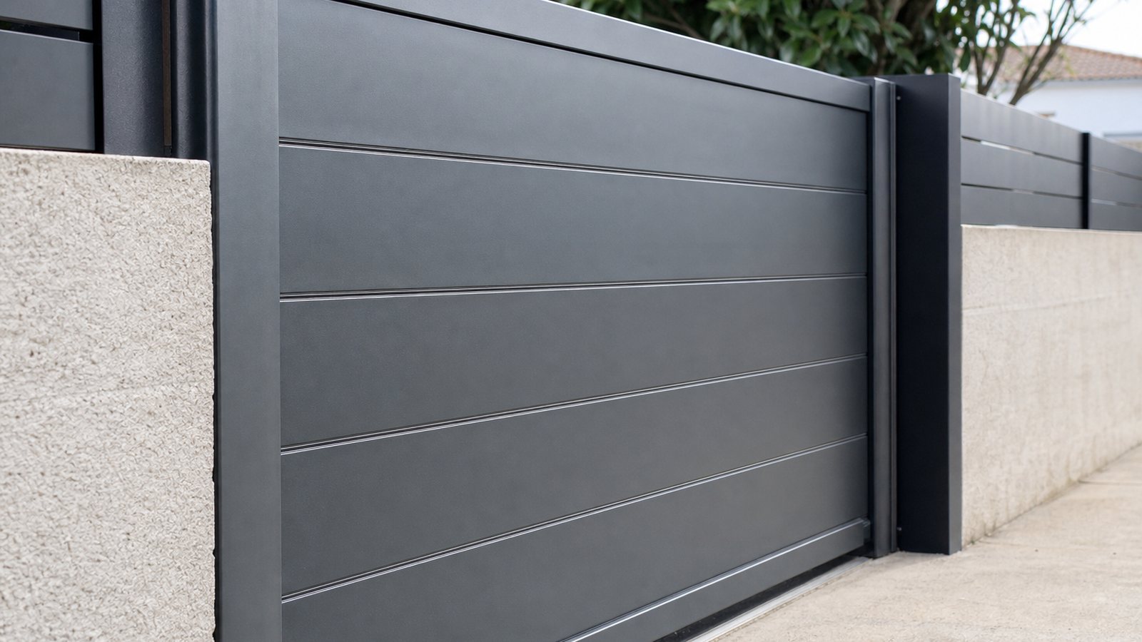 Gros plan sur les profilés d'un portail en aluminium thermolaqué, matériau durable et raffiné