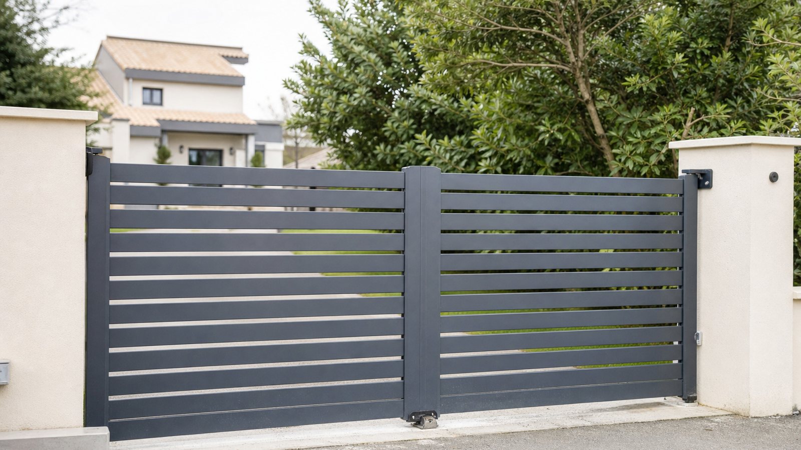 Portail, clôture et portillon en aluminium assortis formant une entrée harmonieuse et cohérente