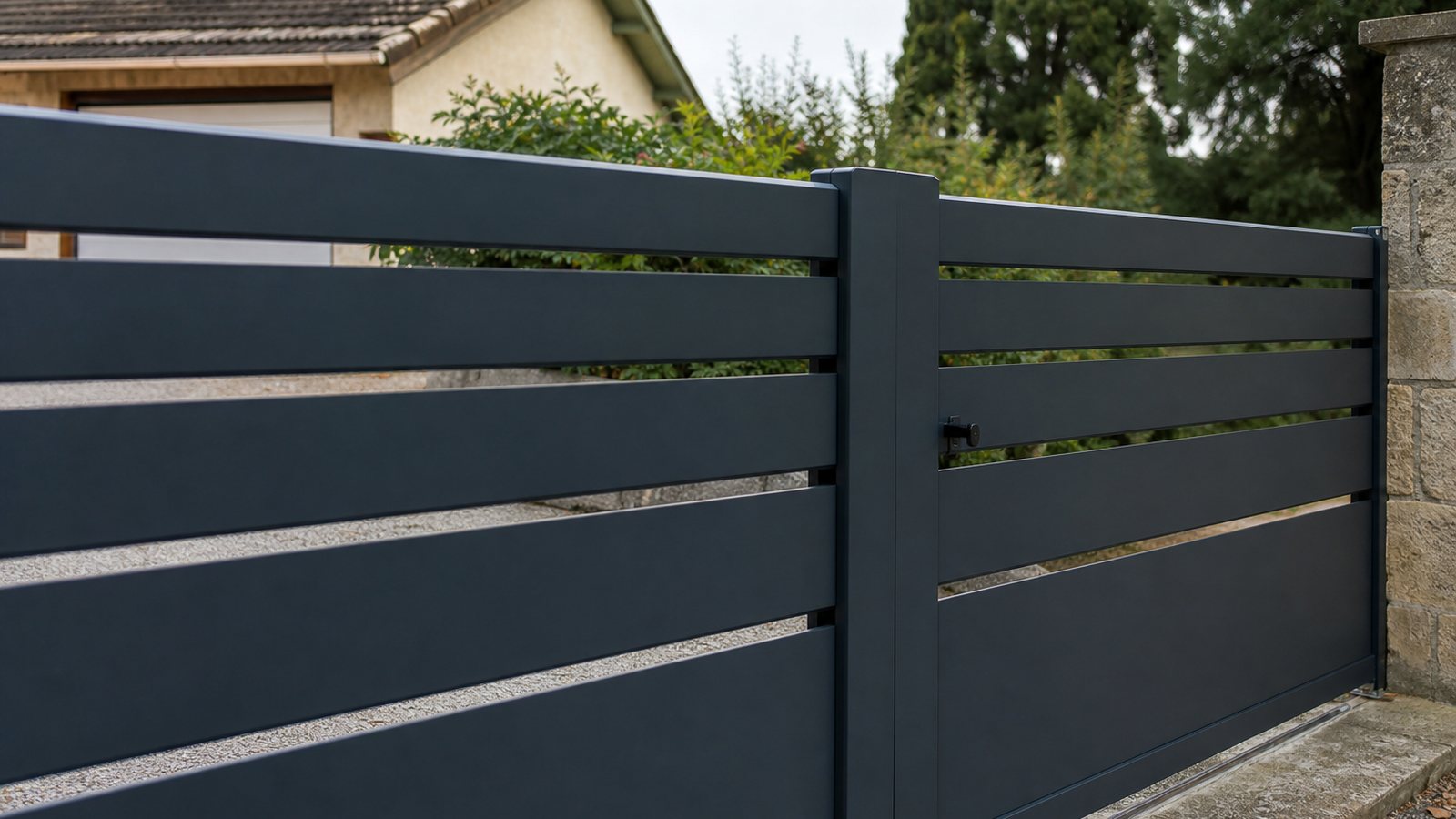 Détail d'un portail aluminium au thermolaquage noir mat texturé montrant la profondeur de la finition