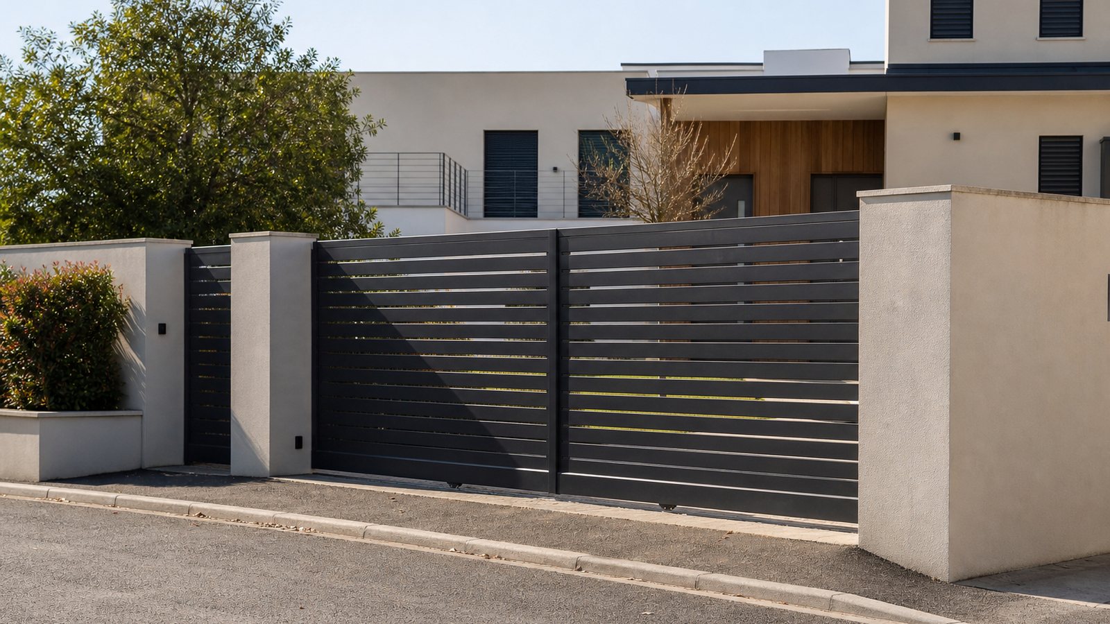 Portail en aluminium à lames horizontales accordé à la façade contemporaine d'une maison