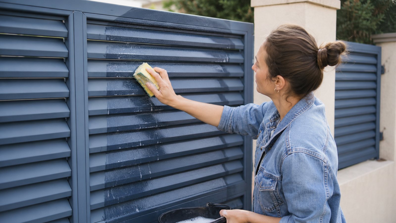 Lavage à l'éponge douce d'un portail en aluminium thermolaqué anthracite devant une propriété