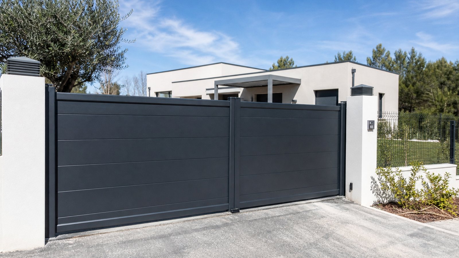 Portail en aluminium haut de gamme aux lignes contemporaines fermant l'entrée d'une villa moderne