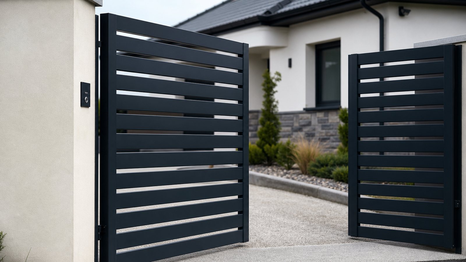 Plan coté et échantillons de teintes d'un projet de portail aluminium haut de gamme sur mesure