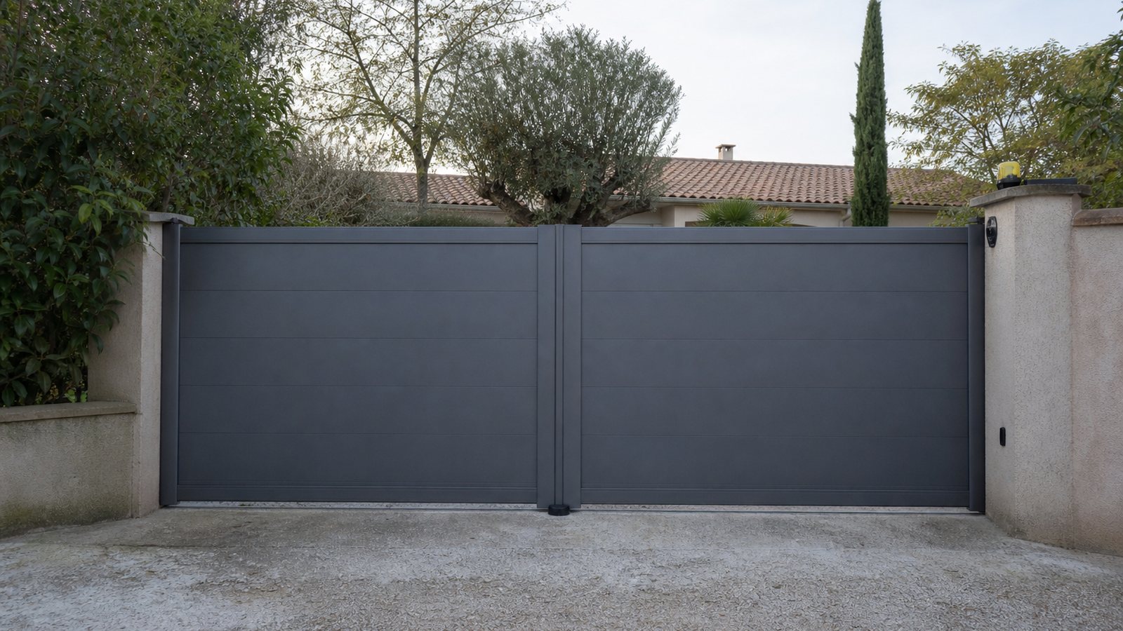 Portail aluminium fermé et éclairé protégeant l'entrée d'une propriété en fin de journée