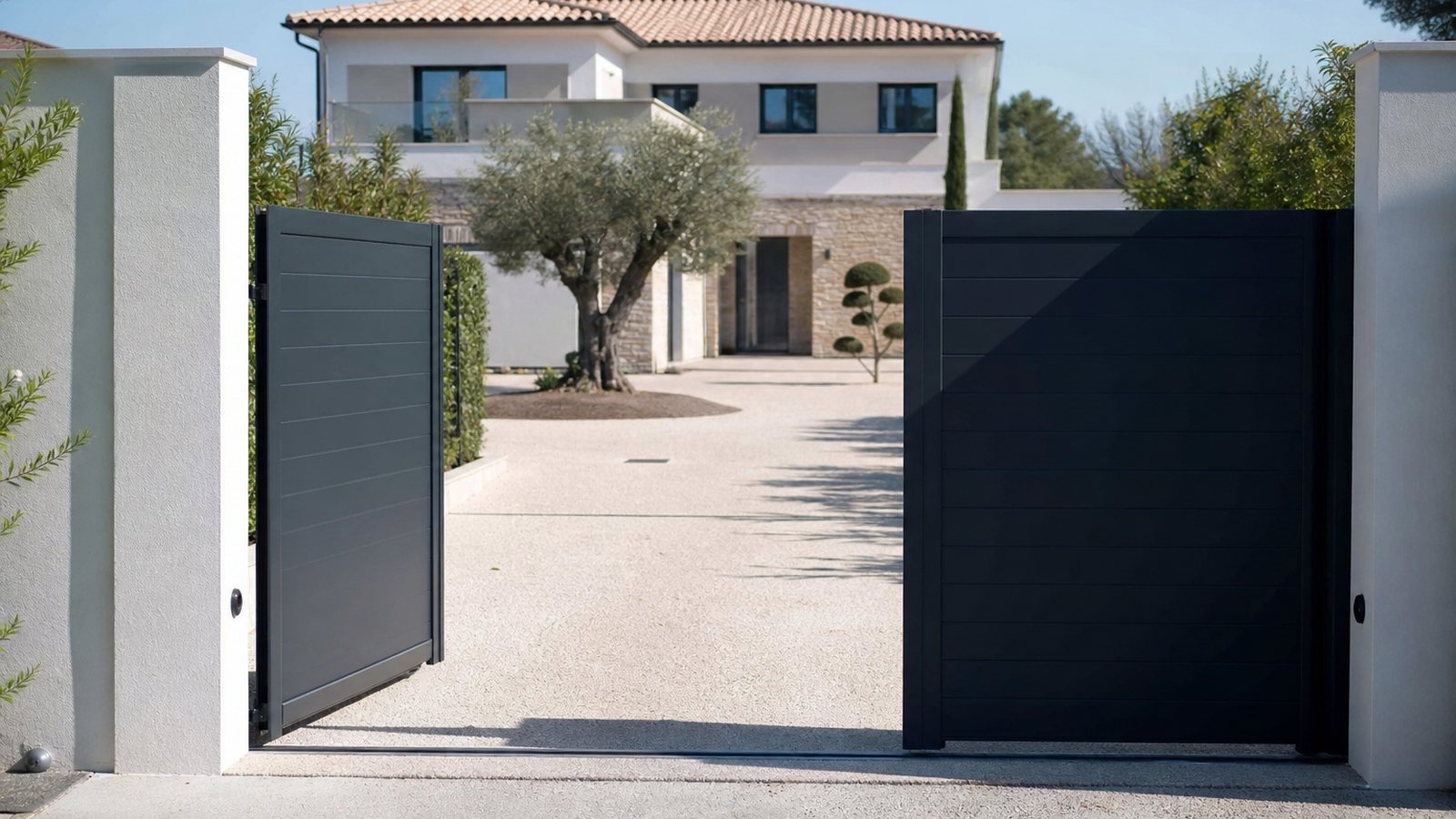 Portail aluminium haut de gamme devant une villa contemporaine